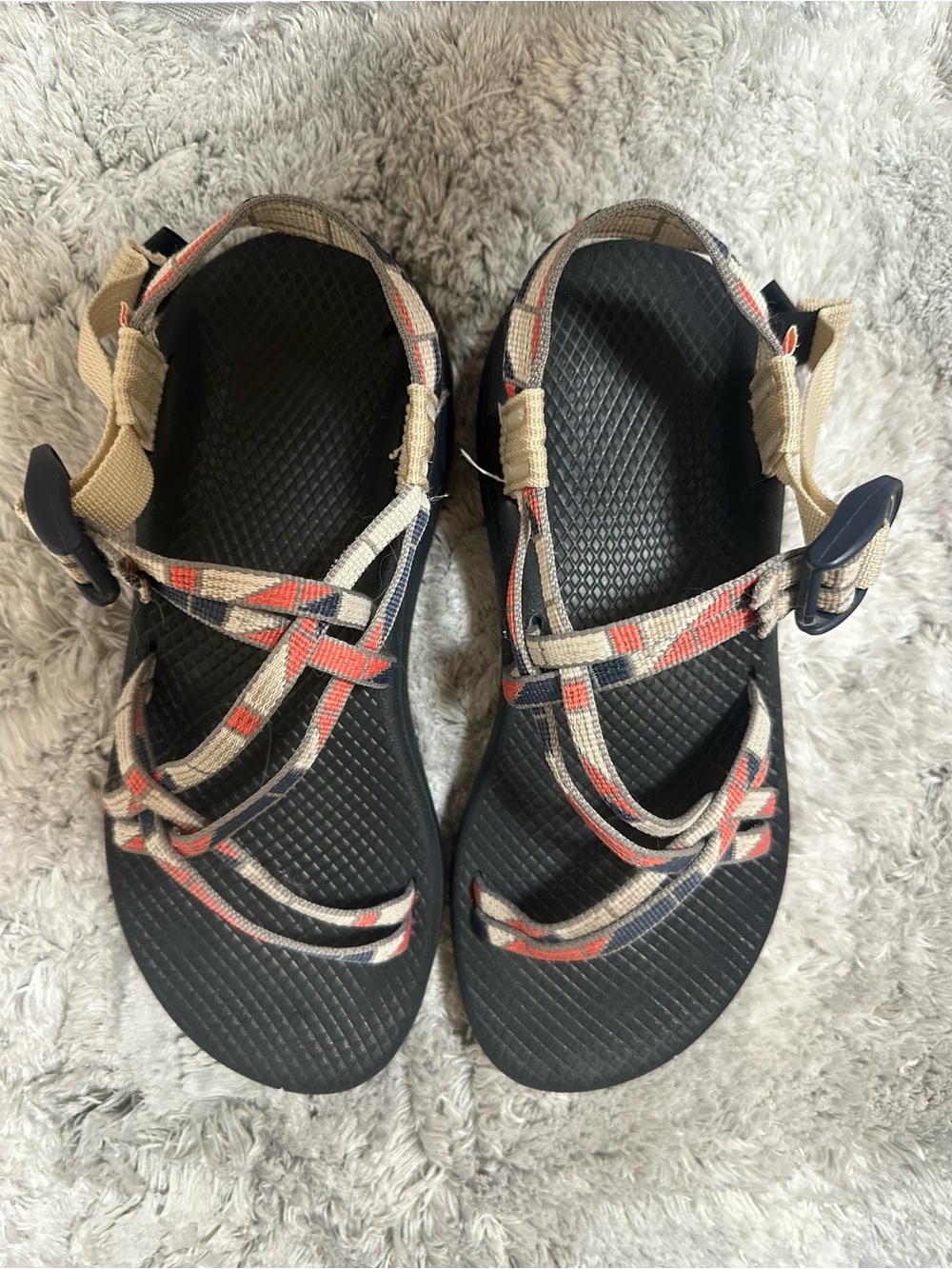 Chaco Women’s Black Sandals with Beige, Navy and Coral Straps